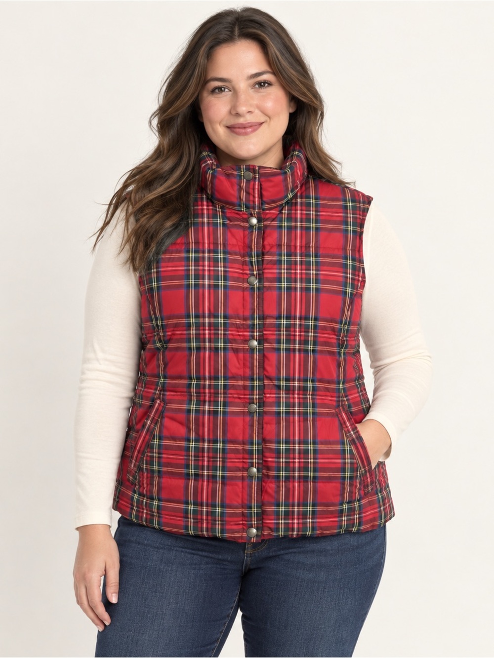 Lands’ End Plaid Puffer Vest Snap Front Women’s XL 18–20